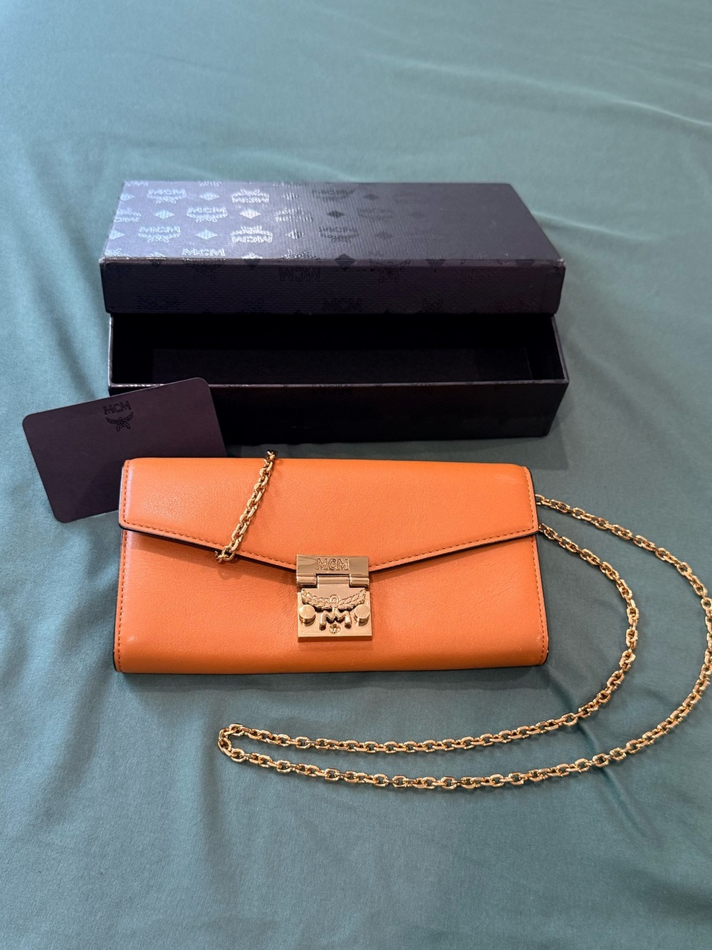 MCM Cognac Leather Chain Wallet Crossbody with Gold Hardware